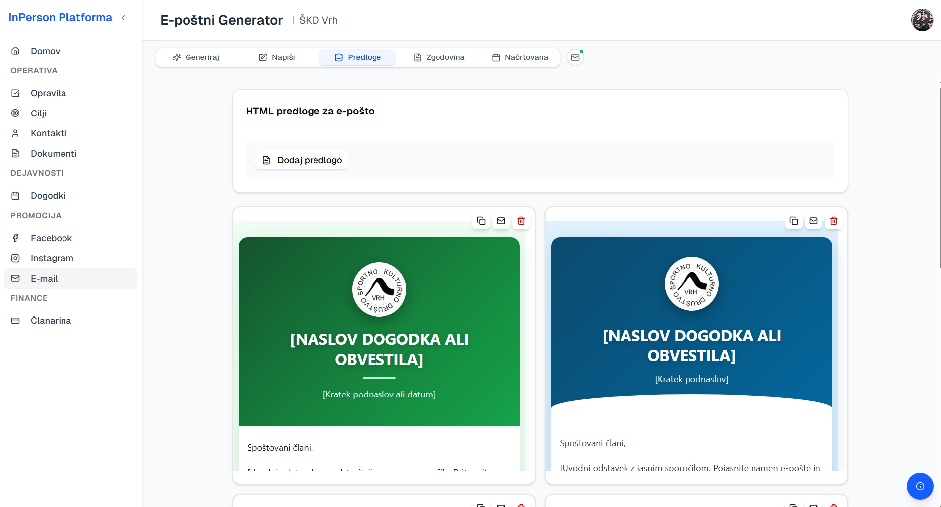 E-poštni marketing v InPerson Platformi - segmentacija in HTML predloge za društva